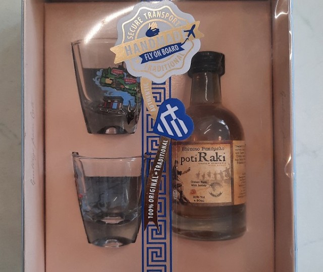 Souvenirgläser <<Greetings from Crete>> inkl. 1 Flasche Honig Raki 50ml 20%